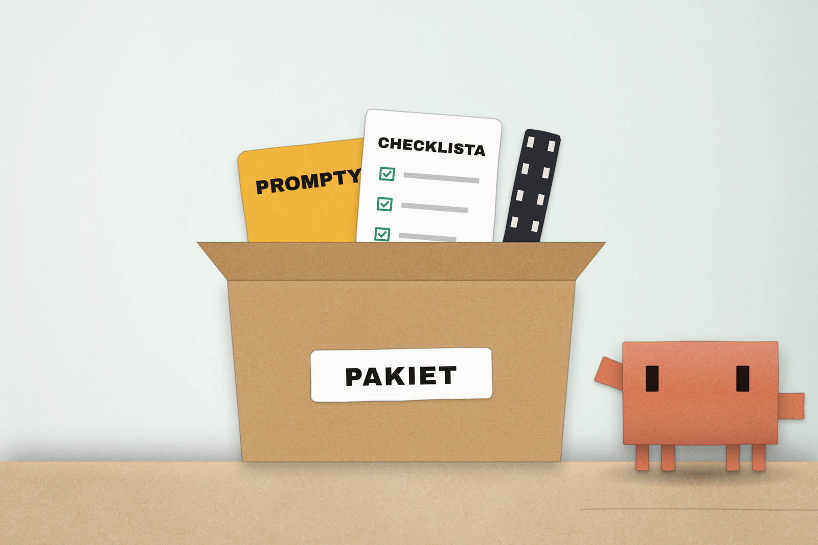 Otwarte pudełko z napisem PAKIET, z którego wystają karty z promptami, checklistą i taśma filmowa, obok Clawd